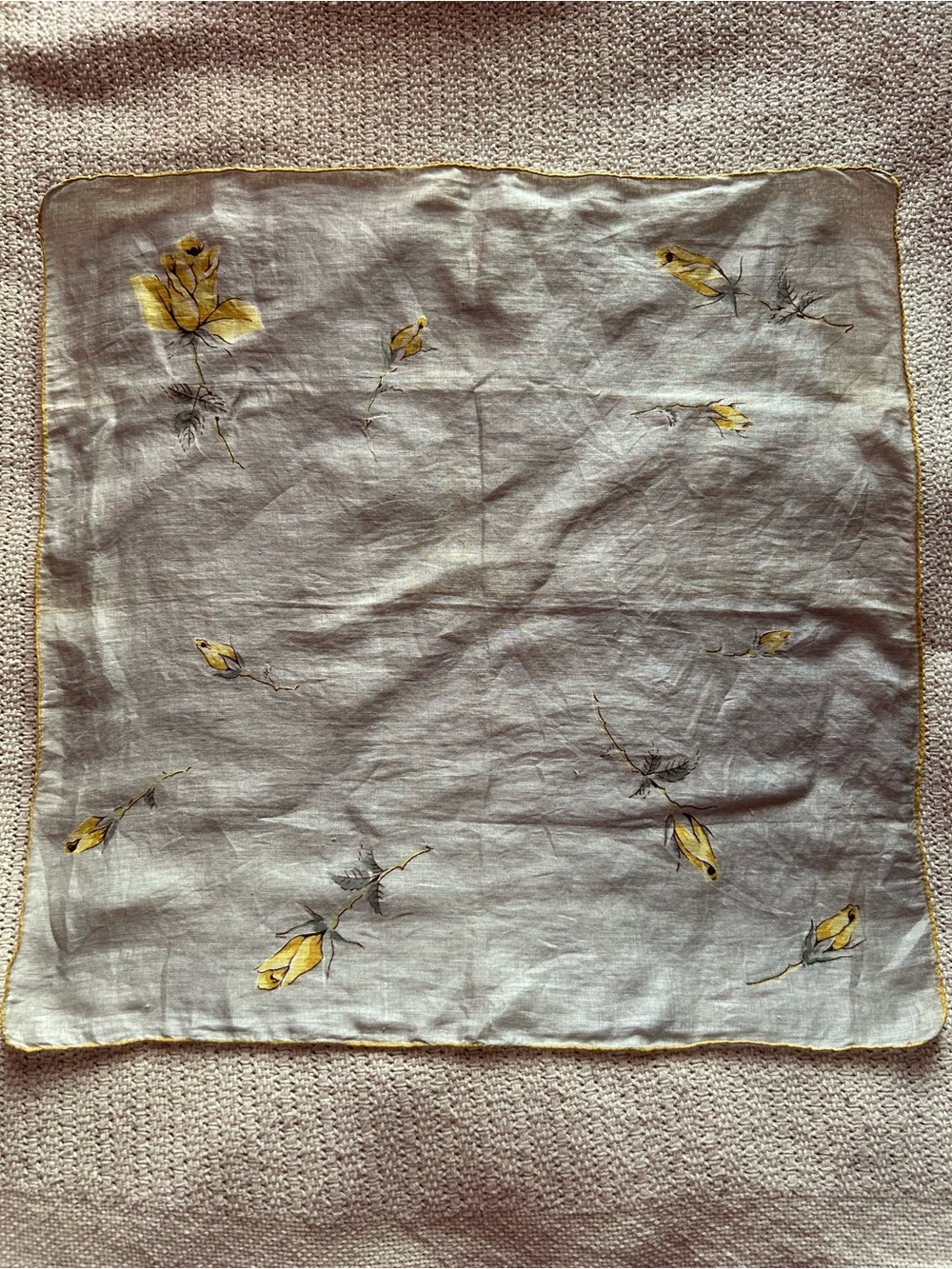 Vintage Square Grey and Yellow Floral Linen Handkerchief